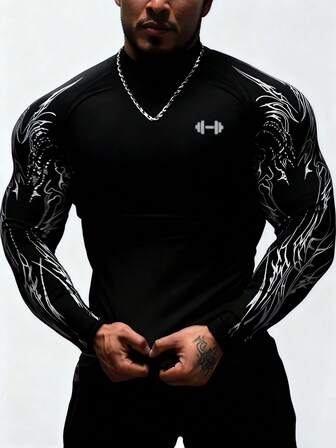 Manfinity Sport PWRUP 男士印花立领修身长袖运动T恤防晒衣 男士压缩长袖高领压缩衫 男士压缩衫 压缩上衣