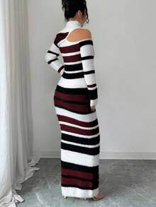 SHEIN Elenzya Elegant Casual Multi-Color Striped Turtleneck Waist Fitted Knit Sweater Dress For Women, Suitable For Commuting, Autumn/Winter - Burgundy - View 2