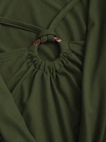 Sweetra Women's Solid Color Ring Connected Long Sleeve Pleated Casual T-Shirt - Army Green - View 5