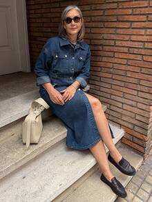 Vivie Lora Women's Loose Waist Cinched Denim Dress - Blue - View 8