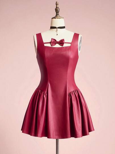 ROMWE Avant Vestido mini vintage elegante de mujer con decoración de lazo 3D de tela de PU