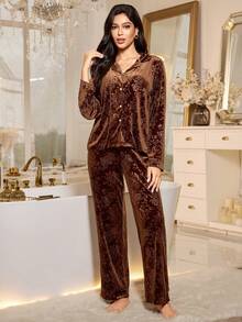 LuxeNights Women's Elegant Casual Loose Velvet Embossed Collar Long Sleeve Pajama Set Brown Night Wear, Winter Clothes - Multicolor - View 5