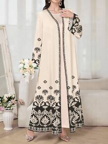 SHEIN Najma 女士黑色印花长袖休闲阿拉伯长袍，春秋季 - 彩色 - 查看 4