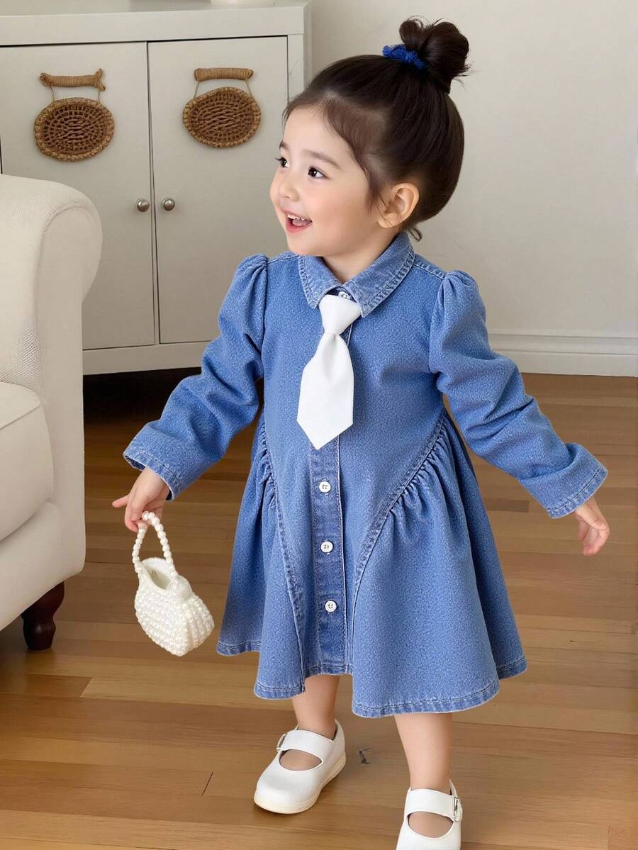 SHEIN 女婴可爱蓝色牛仔连衣裙,系带领,秋季服装,冬季服装,休闲时尚度假装,街头风,2000年代风格,喇叭裤,女童圣诞装,女婴派对装,圣诞连衣裙 - 中等水洗藍 - 查看 1