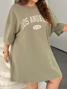 SHEIN EZwear Đầm thun cổ tròn in chữ cỡ lớn cho nữ cỡ lớn - Màu Khaki - Xem 4