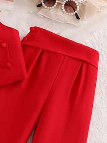 SHEIN Elladie kids 两件套少女时尚蝴蝶结吊带背心和西装裤，适合日常穿着和度假，夏季 - 酒紅色 - 查看 4