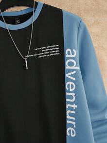 Manfinity VCAY Men's Casual Colorblock Slogan Print Crew Neck Sweatshirt, Autumn/Winter - Blue - View 3
