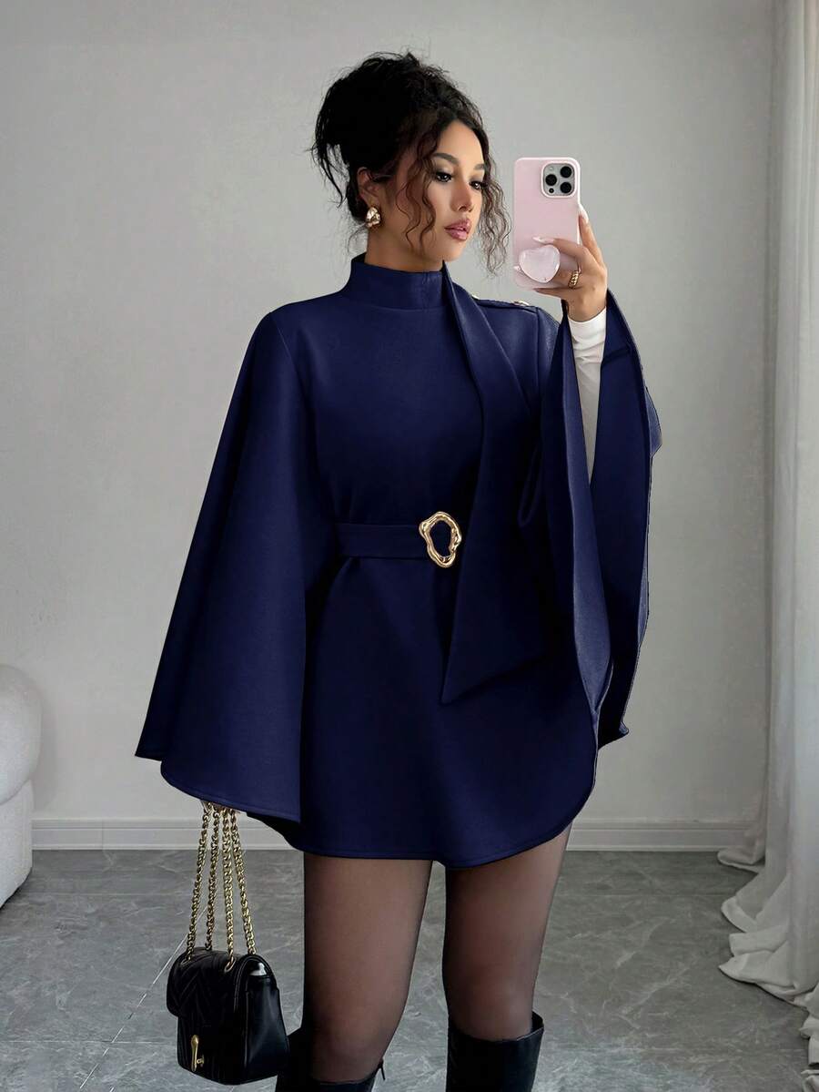 Elenzga Elegant Commuter Solid Color Stand Collar Cape Overcoat - Navy Blue - View 1