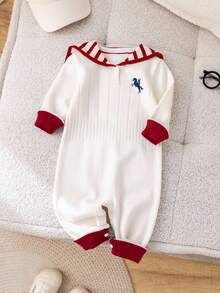 SHEIN Unisex Baby Cute Navy Striped Long Sleeve Sweater Romper, Autumn/Winter - Red - View 4