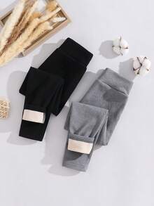 Sparklyn 2条装少女打底裤，黑色灰色可爱爱心高弹力加厚保暖裤，可爱爱心刺绣设计，黑色灰色经典配色，高弹力针织抓绒面料，高腰修身，爱心装饰，保暖打底裤，社交媒体风格，简约风，2026新年假日必备少女保暖裤 - 彩色 - 查看 2