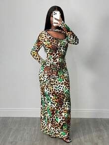 SHEIN BamGlam Vestido largo y sexy de mujer con efecto tie-dye, estampado de leopardo y lentejuelas, con diseño calado - Multicolor - Ver 7