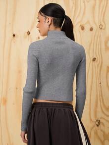 COUREZ Asymmetric Zip Up Fitted Rib Knit Jumper With Graphic /Y2K Going Out For Women Spring For Women Going Out Tops Rave Women's Spring Sweater - Grey - View 3