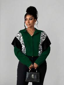 Maweii Plus Size Women's Patchwork Zebra Print Ruffle Hem Loose Fashion Blouse - Green - View 2