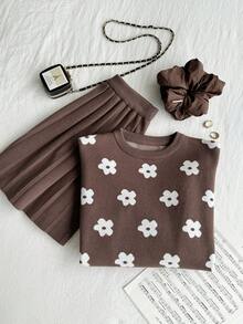 Tween Girls Ditsy Floral Brown Sweater & Pleated Skirt Set,Cute Back-To-School Autumn Holiday Outfit,Warm Soft Comfortable,Christmas Halloween Parties - Brown - View 7