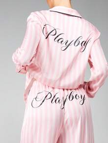 Missguided x Playboy Bộ đồ ngủ quần ống rộng và áo sơ mi kẻ sọc Giáng sinh có cổ tay dài, đồ mặc nhà, đồ ngủ, đồ ngủ thoải mái, mềm mại, cỡ lớn, vừa vặn, rộng rãi - Nhiều màu - Xem 4