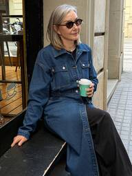 Livesso レディース ゆったりウエスト絞りデニムワンピース