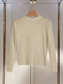 GlowEve Women's Solid Color Bow Decor Long Sleeve Ribbed T-Shirt - Khaki - View 2