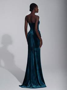 Elitara 优雅、奢华、时尚、性感、酒红色、天鹅绒面料、胸罩杯、鱼尾裙摆、拖尾、适合度假、婚礼活动、单身派对、正式舞会礼服、正式晚宴礼服 - 水鴨藍 - 查看 2