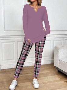 SHEIN LUNE 休闲两件套女式长袖T恤和打底裤，秋冬季，休闲 - 紫色 - 查看 3
