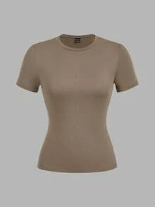 SHEIN EZwear 3件套女士圆领休闲修身长袖T恤套装，黑色和卡其棕色 - 彩色 - 查看 6