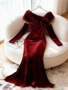 Franclia Women's Faux Fur Collar Fishtail Hem Fitted Elegant Dress