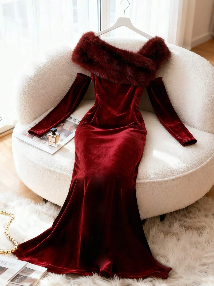 Franclia Women's Faux Fur Collar Fishtail Hem Fitted Elegant Dress