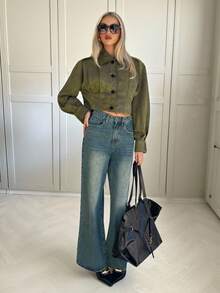 Siren Gaze Damen Kurze Wildleder Knopfjacke - Revers Kragen, Einreihig, Langarm Lässig Oberbekleidung, Frühling, Herbst, Winter - Armeegrün - Übersicht 5