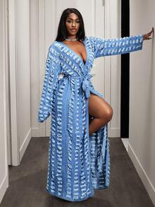 Slaydiva 女士休闲宽松长袖打结腰身牛仔外套，浅蓝色长款罩衫，浅蓝色做旧牛仔外套 - 藍色 - 查看 4