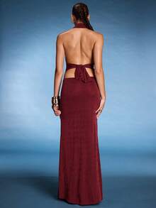 Normani Women's Solid Color Halter Draped Backless Dress,Fall Wedding Guest Dress Formal Dresses For Wedding Guest,Party Dress - Burgundy - View 3