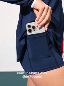 CourtClass Camisa polo feminina minimalista de manga comprida com blocos de cores, ideal para golfe e uso diário. - Azul marinho - Ver 3