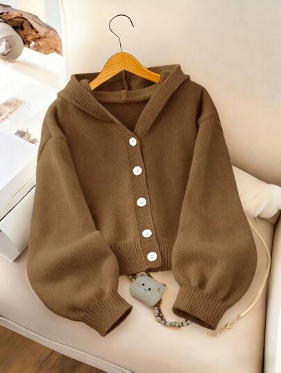 SHEIN Genkimix Kids 女童时尚休闲清新短款纯色连帽针织开衫毛衣，秋冬季