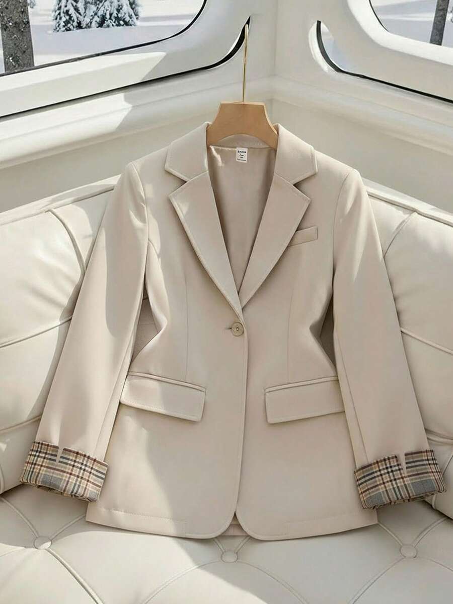 SHEIN 少女休闲时尚日常简约商务风格单扣西装外套，春秋季 - 杏色 - 查看 1