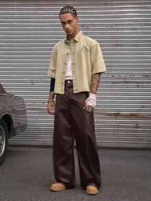 AXEPEAK 男士时尚街头风阔腿长裤 - 棕色 - 查看 5