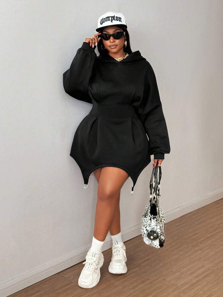 black oversized hoodie dress ASOS Weekend Collective oversized hoodie dress with branded toggles