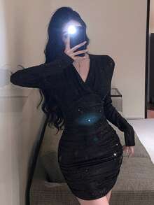 DAZY Đầm đen ngắn cổ chữ V đính sequin, đầm dự tiệc cocktail gợi cảm, đầm dạ hội sang trọng thu/xuân & hè, đầm thanh lịch cho nữ, đầm đêm giao thừa, đầm lễ tình nhân, đầm lấp lánh - màu đen - Xem 9