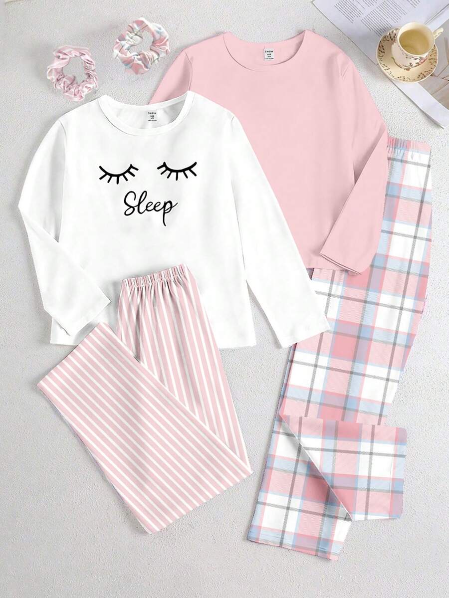 4pcs/Set Girls Cute Pink & White Winter Pajamas,English Letter & Eyelash Print Top,Plaid Pants,Scrunchie,Sleep Loungewear Outfit - Pink - View 1