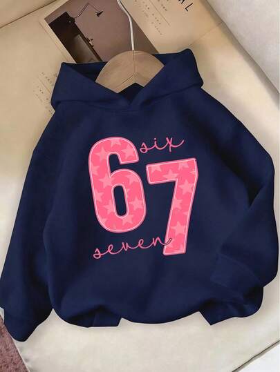 Estilo de otoño e invierno acogedor para niña preadolescente, moda casual, creativa, personalizada, fresca, elegante y minimalista. Sudadera con estampado gráfico de letra estrella rosa 67, cómoda para el otoño/invierno