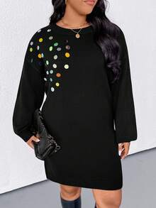 EMERY ROSE 大码女式纯色针织激光串珠刺绣休闲优雅毛衣连衣裙，适合圣诞节、返校季、浪漫假期、办公穿着 - 黑色 - 查看 3