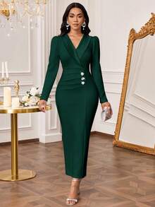 SHEIN Lady 女士纯色简约V领长袖连衣裙，休闲日常穿着 - 墨綠色 - 查看 3