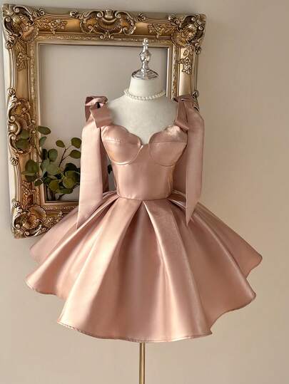 Lovelzi Elegante y lujoso vestido corto de cóctel de línea A con pliegues, tirantes de satén con lazo y lentejuelas en color caqui