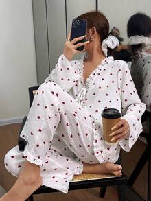 SHEIN Bộ đồ ngủ họa tiết trái tim lãng mạn cỡ lớn, quần áo mùa thu và mùa đông - trắng - Xem 6