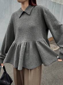 FRIFUL Damen Einfarbiges T-Shirt mit Umlegekragen, Drop-Shoulder, Langarm, Manschetten, Plissee-Saum und Rüschentrimm, locker und vielseitig, für Herbst/Winter - Dunkelgrau - Übersicht 3
