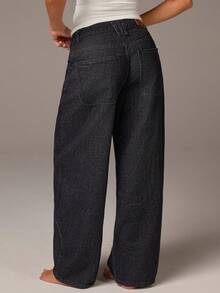 Athîral Women's Wide-Leg, Loose-Fitting Dark Blue Jeans With Button Front Pockets.  Relaxed Fit,Make Legs Look Longer, Casual Style,Winter Clothes For Women - Blue - View 2