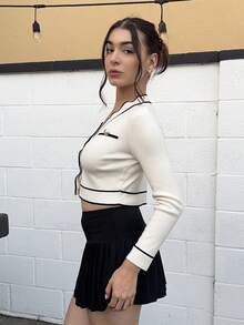 Andrea Bello كارديجان أبيض بأربطة تباين وأزرار أمامية، ملابس علوية بأكمام طويلة للخريف/الشتاء - لون مشمشي - مشاهدة 6