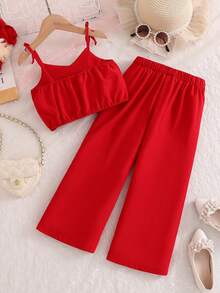 SHEIN Elladie kids 两件套少女时尚蝴蝶结吊带背心和西装裤，适合日常穿着和度假，夏季 - 酒紅色 - 查看 2