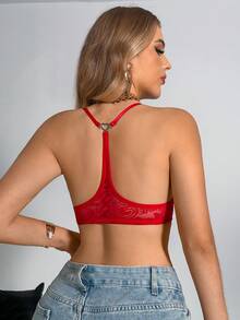 SHEIN 女士心形蕾丝时尚前扣文胸 - 紅色 - 查看 2