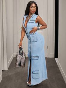 Slaydiva Casual Sleeveless Front Zipper Pocket Denim Dress For Women - Blue - View 1