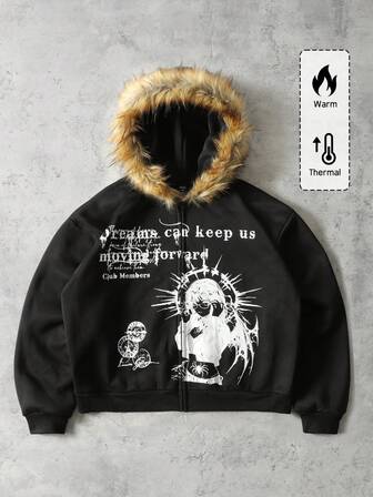 Men's Fleece Collar Anime Printed Hooded Cardigan, Loose Fit