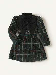 Maija Kids Young Girl Autumn 2pcs Set,7th Birthday Dark Green Tweed Coat With Oversized Bow & A-Line Skirt,Winter Fashion High-End Elegant Party Christmas Outfit - Dark Green - View 1