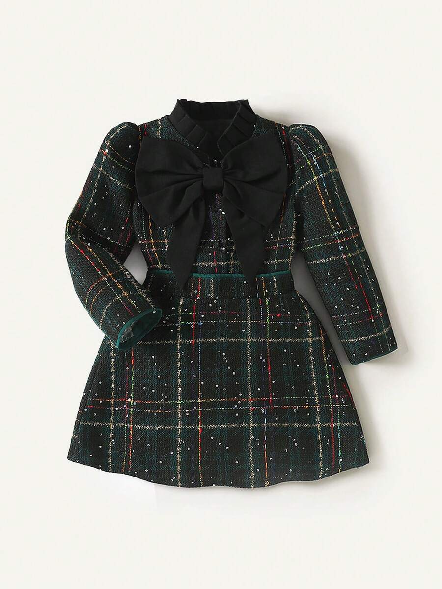 Maija Kids Young Girl Autumn 2pcs Set,7th Birthday Dark Green Tweed Coat With Oversized Bow & A-Line Skirt,Winter Fashion High-End Elegant Party Christmas Outfit - Dark Green - View 1